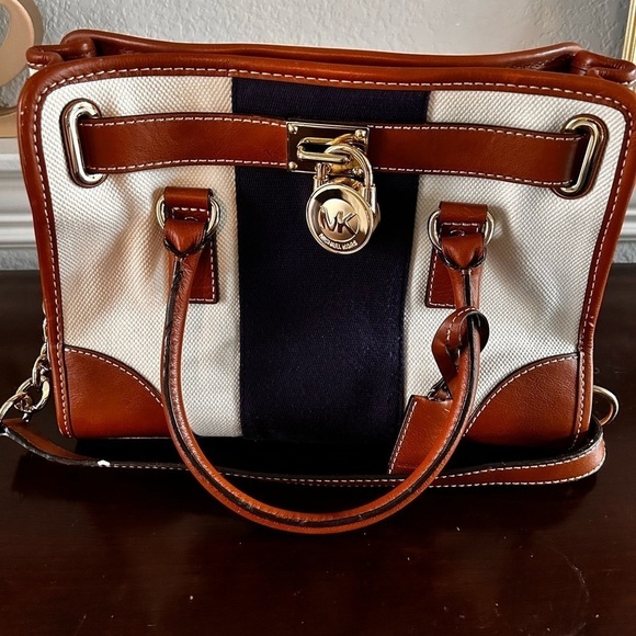 Michael Kors Hamilton Purse, Navy & Cream satchel, Classy Work bag, canvas tote - Picture 1 of 13